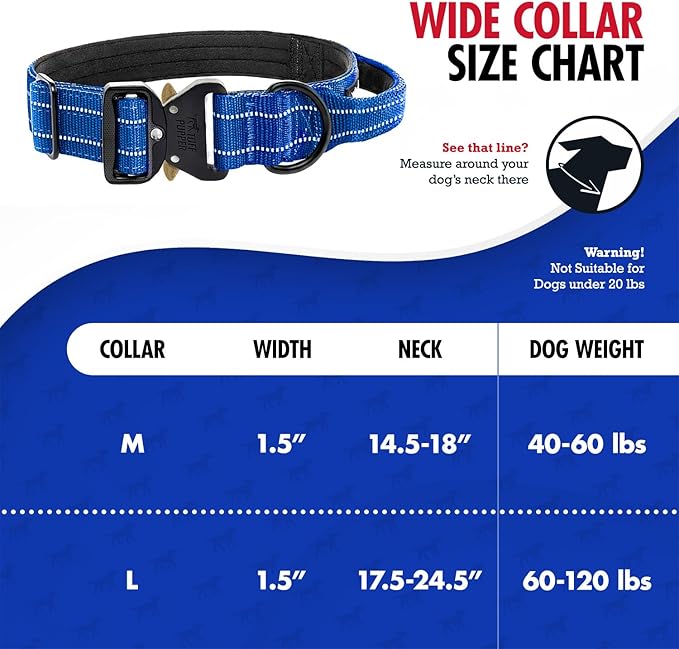 Tuff Pupper Tactical Dog Collar | Heavy Duty 1.5" Wide Ballistic Nylon | Training Control Handle | Quick-Release Metal Buckle | Reflective Bands | ID Tag Holder | Padded Inner Lining (Blue, Medium)