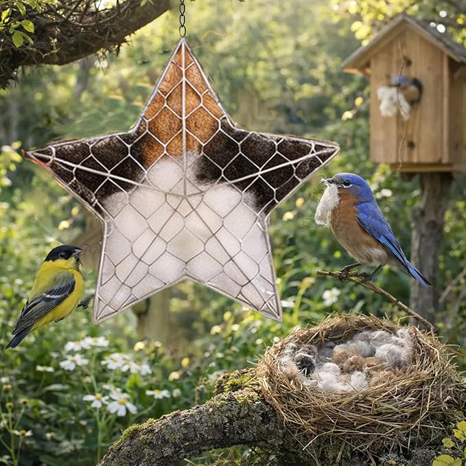 Handmade Fiber Bird's Nest Star Shape,Bird Nesting Material Holder,Spring Tree Shelter for Wild Bird,Garden Art Birdhouse,Include Bird Nesting Material,Suitable for Garden Decoration and Bird Nesting