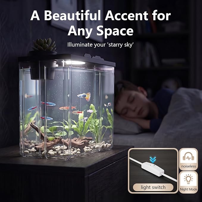 2 Gallon Betta Fish Tank Aquarium Starter Kit with Light and Lid(Black) | Premium Acrylic Aquarium with Light and Lid, Crystal Clear Starter Kit for Betta Fish, Shrimp, Snails and Small Fish