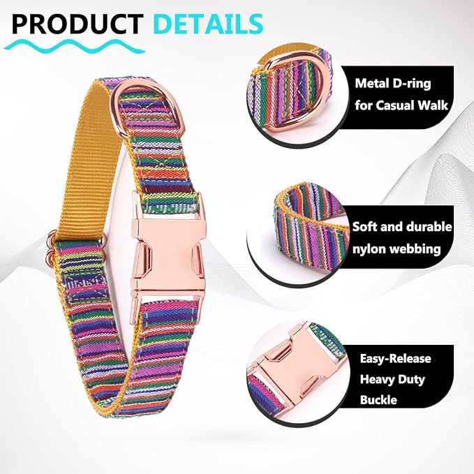 Dog Collar and Leash Set for Dogs Walking Bohemia Ethnic Style | Soft Durable Nylon Adjustable Collar with Metal Buckle 5ft Matching Leash with Padded Handle for Small Medium Large Dogs