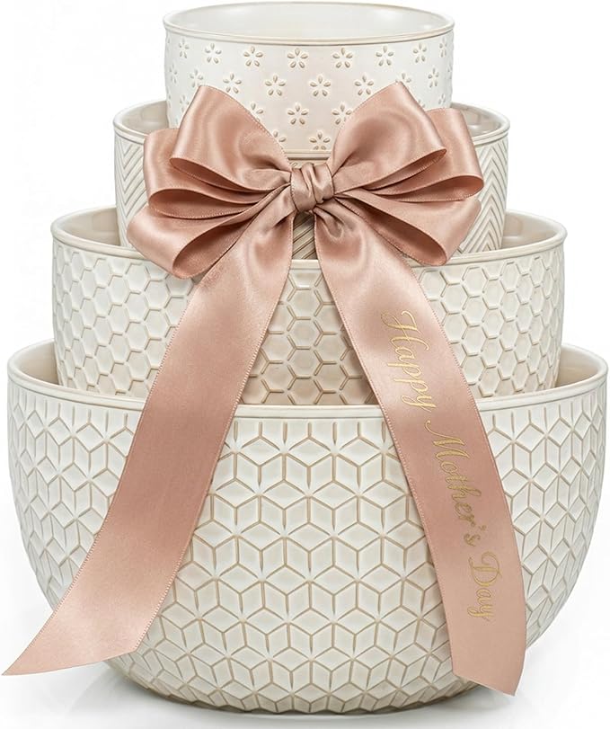 Ceramic Mixing Bowls, Embossed Nesting Bowls Set of 4, Mixing Bowl Set for Serving, Baking, Cooking and Gift, Microwave and Dishwasher Safe, 20/47/99/148 oz, Off-White