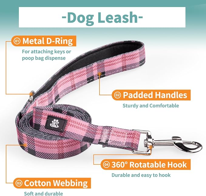 IVY&LANE Dog Collar with Bowtie and Leash Set | Plaid Adjustable Dog Collar | Detachable Bow Tie |5 FT Dog Leash | for Small Medium Large Dogs | Checkered Pink | Medium