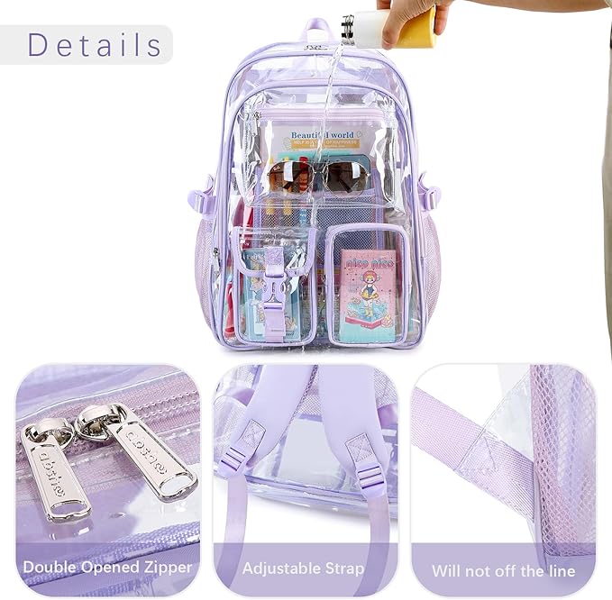 abshoo Large Clear Backpack For Girls Women School Bookbag Heavy Duty Transparent Backpack (Purple)
