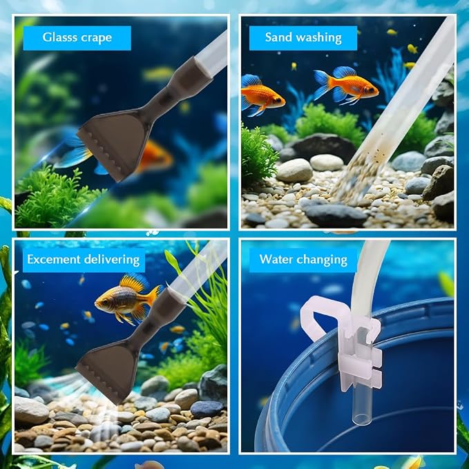 Aquarium Gravel Cleaner, Fish Tank Cleaner Kit, Aquarium Manual Press Noiseless Water Changer, Including Net,Thermometers & Cleaning Accessories for Fish Tank Maintenance