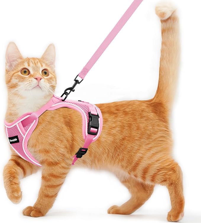 Cat Harness and Leash for Walking Escape Proof Soft Adjustable Cat Leash Breathable Comfortable Vest Easy to Wear Kitten Harness for Outdoor Travel (Pink, S (7-12lb))