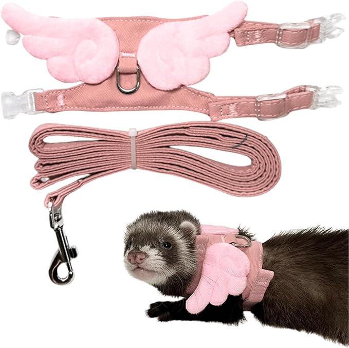 Ferret Harness Leash with Adjustable Buckle Soft Breathable Pure Cotton Cloth Walking Vest with Angel Wings for Small Pet Squirrel Guinea Pig Rabbit Kitten (Pink)