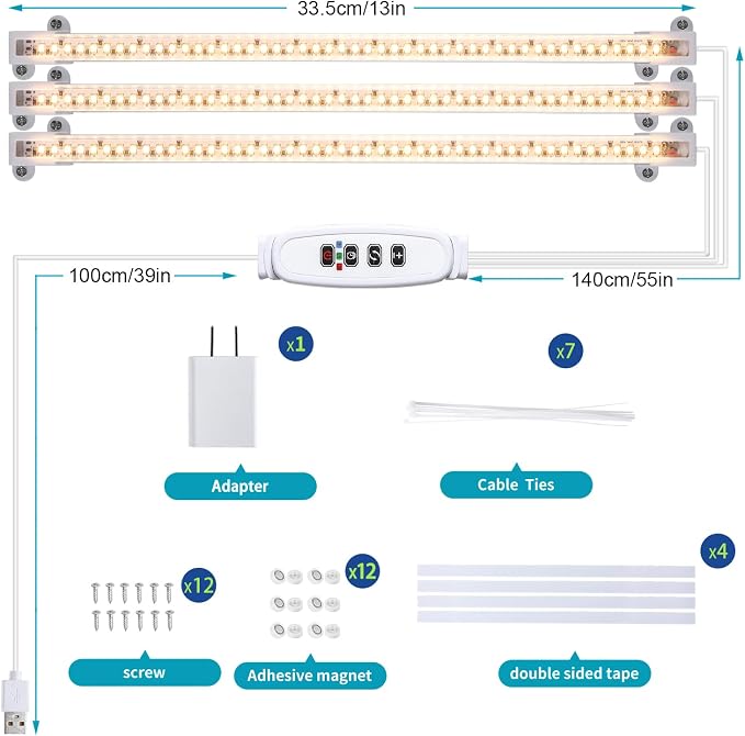 Hywyimlait 3 Head LED Grow Light Strips for Indoor Plants Full Spectrum 3500K, 144 LEDs Plant Light Bar with 3/9/12H Timer, 10 Dimmable Levels for Seedling Succulent, 13 Inches