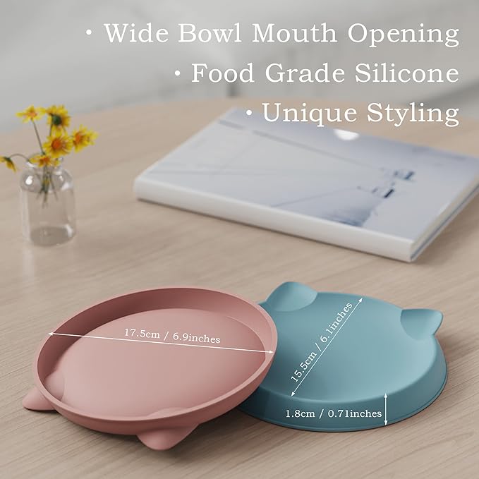Cat Bowls for Indoor Gentle Small Kitten (2pcs, Soft Silicone) Shallow Wide Plates Feeder Whisker Fatigue Relief Cute Pet Kitty Food Water Dishes Set Anti Slip, Dishwasher Safe