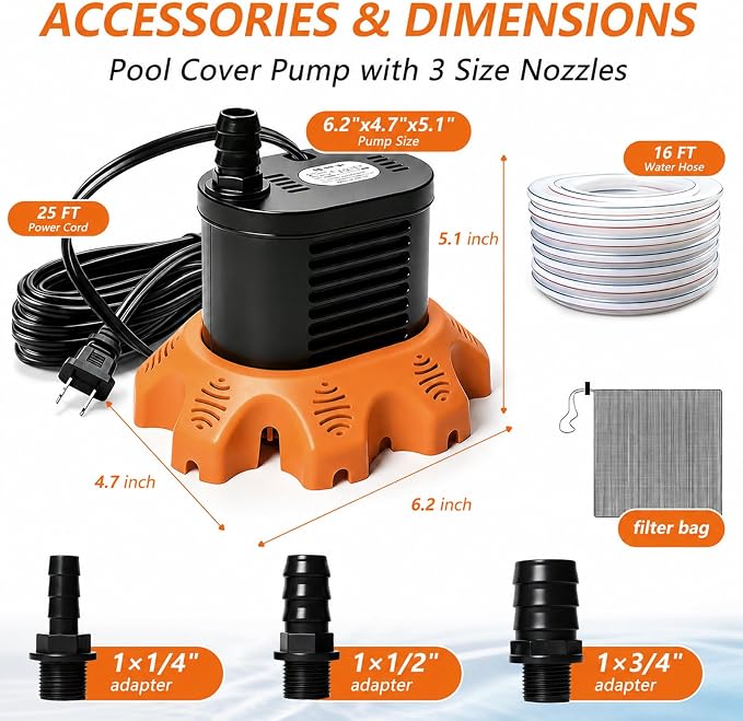 Pool Cover Pump Above Ground, 850 GPH Submersible Sump Pump for Pool Drain | 16FT Drain Hose, 25FT Power Cord, 3 Adapters, Safety and Sturdy, Powerful Water Removal for Pool Cover and Above Ground Pool