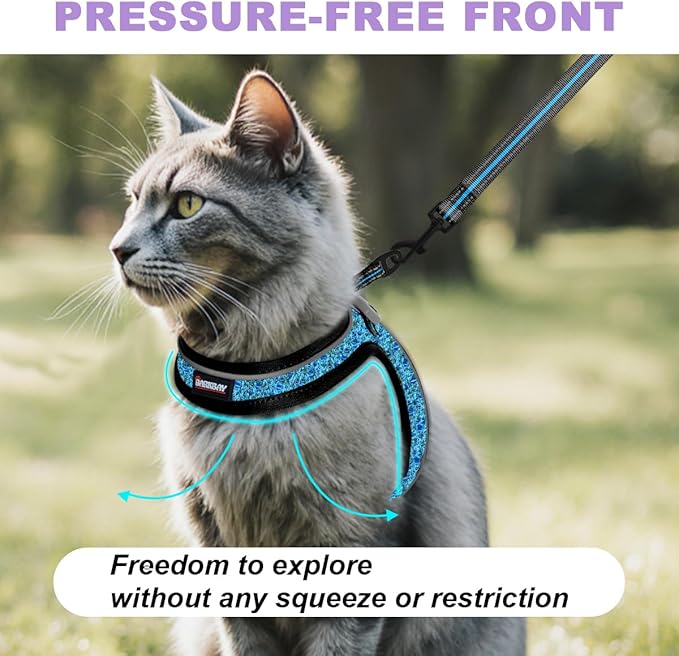 Cat Harness and Leash Set,Escape Proof Kitten Harness,Step in Adjustable Soft Lightweight,Easy Control,Reflective Strips Comfortable for Walking Travel(Blue/Black,XXXS)