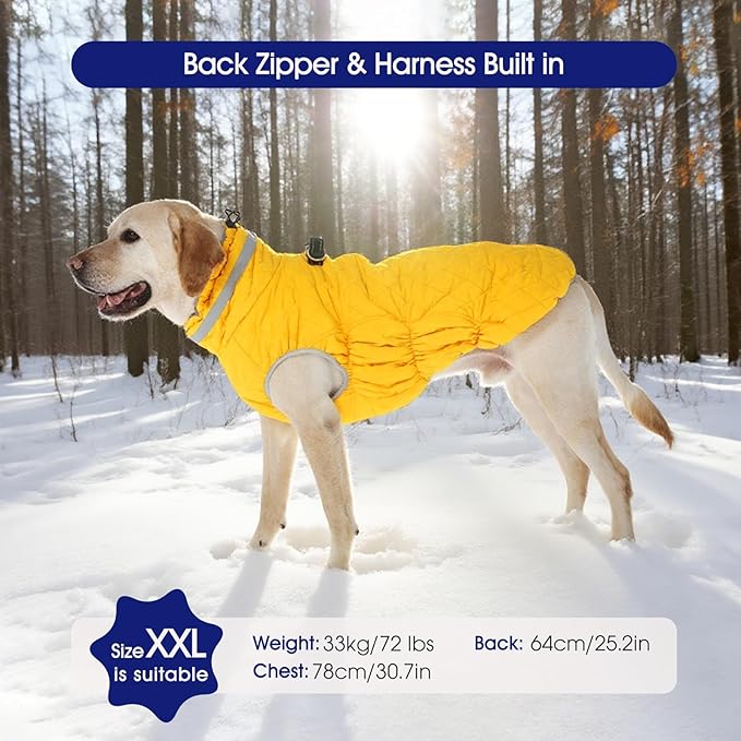 FUAMEY Dog Coat for Large Dogs,Waterproof Dog Winter Jacket with Harness Built in Puppy Cold Weather Coats Reflective Pet Vest with Zipper Warm Fleece Dogs Snowsuit Windproof Yellow 3XL
