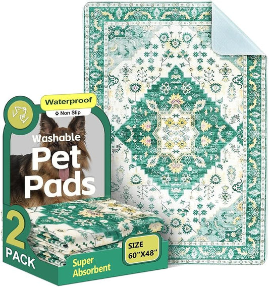 Washable Pee Pads for Dogs, 2 Pack Reusable Puppy Training Pads 60"x48" Super Absorbent Waterproof Dog Training Pads, Non-Slip Potty Pads, Whelping Pads Litter Mat Green Medallion