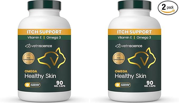 VetriScience Omega Healthy Skin Capsules, 3.6.9 Fish Oil Supplement for Dogs & Cats, Skin Health, Coat Growth, Reduce Shedding, Over 750 mg Omega Fatty Acids per Capsule, Gel Caps,90 Count(Pack of 2)