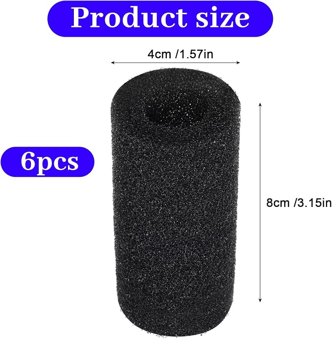 6-Pack Pre-Filter Sponge for Aquarium Shrimp Fry Fish Tank Filter 0.8” Intake, Aquarium Pre Filter Sponge, High-Porosity Foam Roll Replacement Foam Cover, Easy to Clean