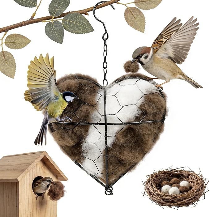 KOSIMI Handmade Alpaca Fiber Bird Nesting Heart, Birds Nests Material Holder, Hummingbird Houses Nest Boxes Gifts for Outside Garden Art Birdhouse, Birds Lovers, Winter Tree Shelter for Wild Bird
