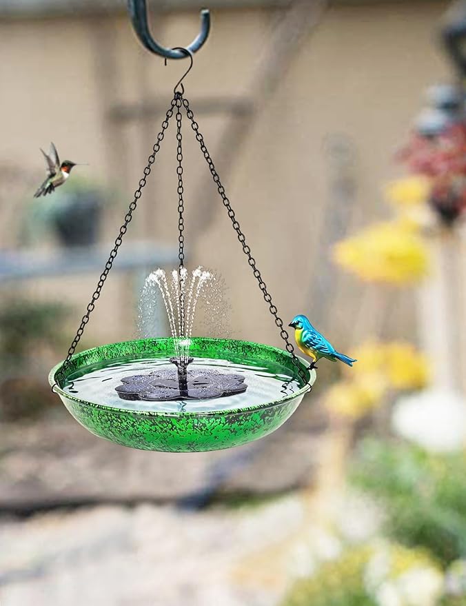 Hanging Bird Bath for Outside, 11” Metallic Green & Blue Metal Birdbath Bowl & Feeder with Black Chain Outdoor Garden Yard Decor (0.5 Gallon)