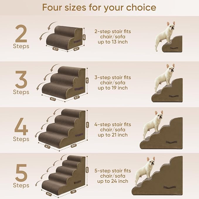 PAWSCRAT Pet Stairs for Dogs 5-Step, 22.8" H Pet Stairs for High Bed, Couch Sofa & Chair, 30D Material Soft Foam Dog Steps with Non-Slip Bottom Surface Removable Washable Cover, Brown