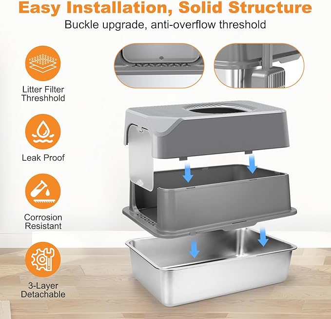 Extra Large Stainless Steel Cat Litter Box Enclosed with Lid - 24" x 16" x 17" Metal Cat Litter Box XXL for Cats, Front Top Entry High Side Kitty Litterbox with Scoop & Mat, Anti Leakage, No Sticky
