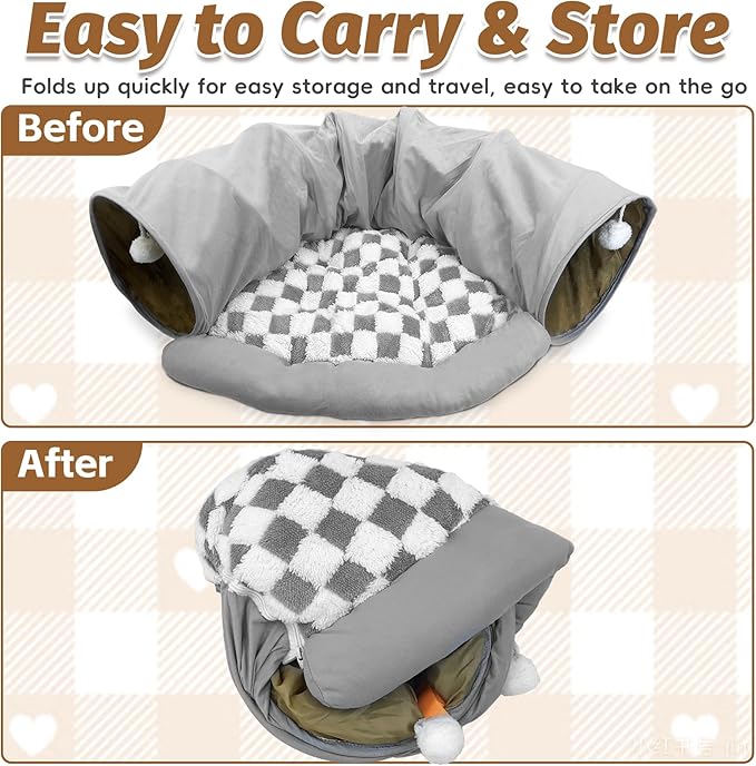 PINVNBY Bunny Tunnel Bed 2-in-1 Removable and Cozy Large Guinea Pig Hideout Tunnel Washable Small Animal Tunnels Tube Toys Guinea Pig Accessories for Rabbit Chinchilla Hedgehog Ferret (Gray)
