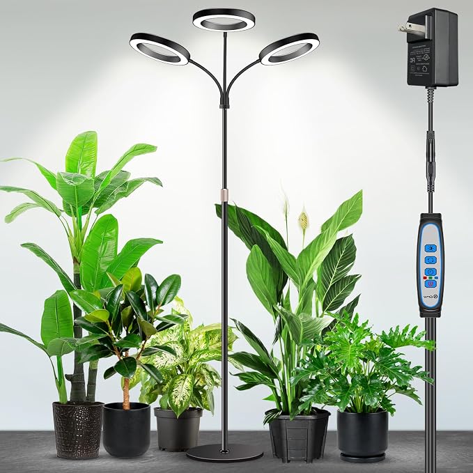 Floor Grow Light, 3 Head Full Spectrum with Base, for Large Plants | 252 LEDs 6000K Plant Light,12V,23''-67'' Height Adjustable,3 Color Modes & 5 Dimmable,Timer 6/12/16H,Flexible Gooseneck