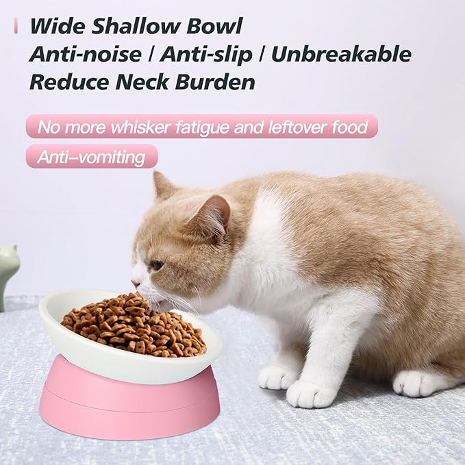 Elevated Cat Bowl, Adjustable Raised Slanted Food Bowl for Cats and Small Dogs, Wide Shallow PP Dish with TPR Non Slip Base, Whisker Friendly, 17 oz