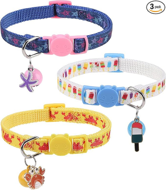BINGPET Breakaway Cat Collar with Bell, 3 Pack Cat Collars for Girl Boy Cats, Cute Summer Vibe Kitten Collars Accessories with Crab & Starfish & Popsicle