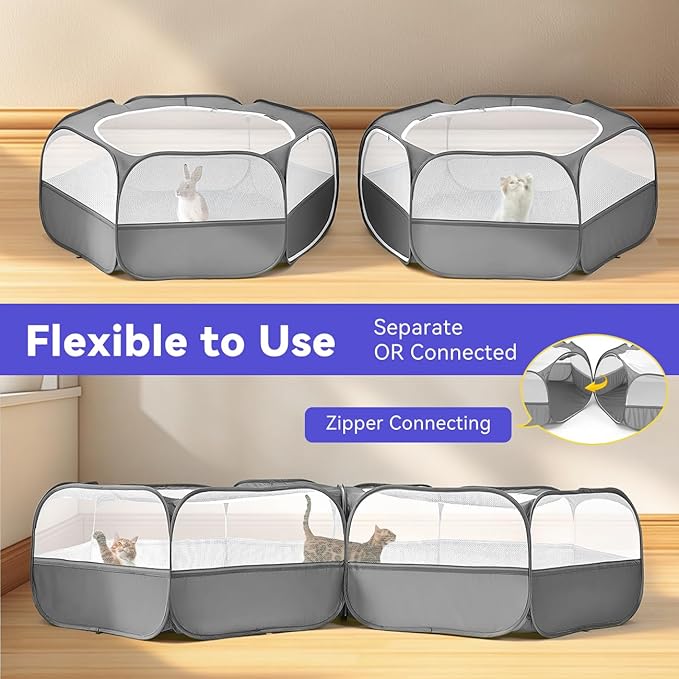 Pawaboo Small Animals Playpen, Portable Chicken Coop Run Large Chick Brooder with Zipper Splicing, Pop Up Pet Enclosure Cat Tent for Guinea Pig Bunny Puppy Indoor Outdoor, Gray