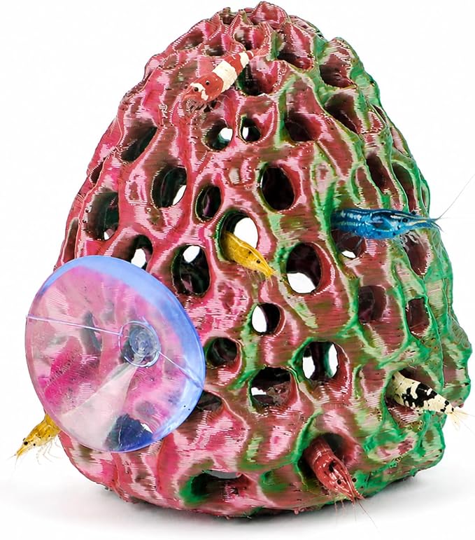 Uniclife Shrimp Cave, Shrimp Hides for Aquarium, Realistic Plastic Aquarium Coral Rock Decorations with Suction Cup, Betta Hideout Tank Accessories for Fish Tank Decor, Red-to-Green Gradient