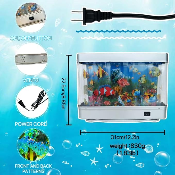 Fake Fish Tank Lamp - Moving Aquarium Night Light with Virtual Ocean Effect, 80s Retro Design for Adult Relaxation, Frutiger Aero Artificial Aquarium Decorative Lamp (US Plug)