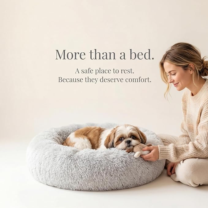 Calming Donut Dogs Beds for Small Dogs Washable,23inch Plush Round Pet Bed for Cozy Sleep,Fluffy Faux Fur Large Cat Bed,Fits up to 25 lbs Pets,Frost Grey