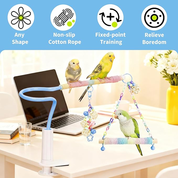 Flexible Bird Perch Stand with Swing - Desktop Playground & Bird Toy for Conure, Cockatiel, Budgie, Lovebird, Parakeet - Non-Slip Adjustable Parrot Perch (Blue)