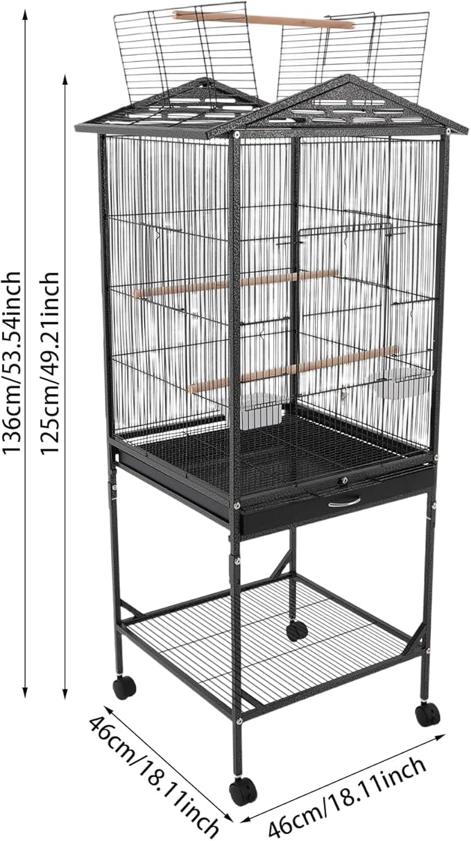 Bird Cage with Stand 54 Inch Birdcages with Pull-Out Tray, Rolling Bird Cage Stand with Wheels for Parakeets, Parrot, Cockatiel, Pigeon, Finch Cage for Birds(Black)