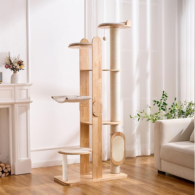 SHENGOCASE 72-Inch Modern Cat Tree Tower Condo for Large Cat, Natural Rubber Wood, Multi-Level Ladder with Hammock, Sisal Scratching Post, Large Perch Platform