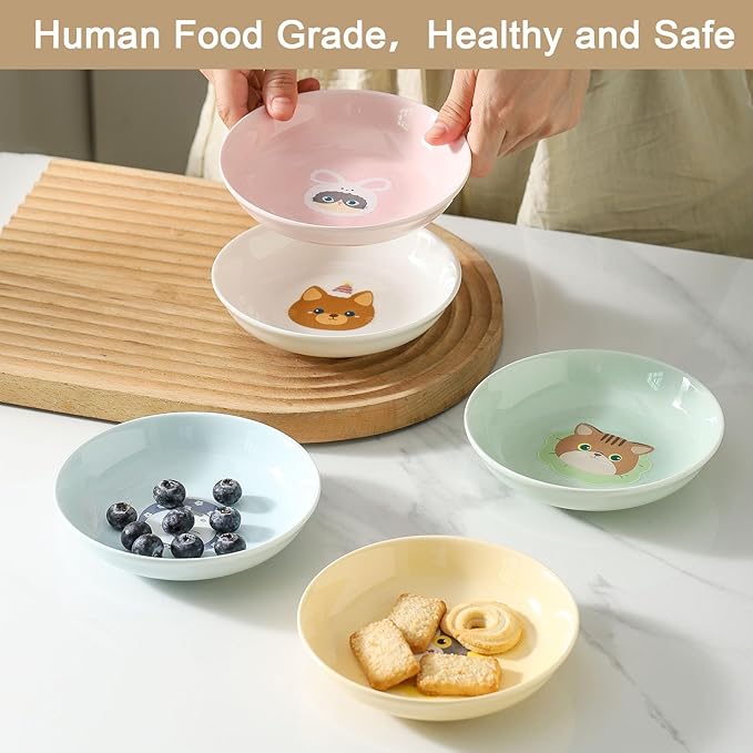 Ceramic Cat Bowls Set - 5.7 inch Cat Food Bowls Whisker Fatigue Friendly, 5 Wide Cats Plates for Wet Food Dry Food Water