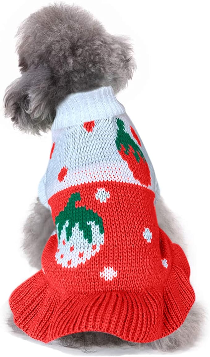 CHBORCHICEN Pet Dog Sweaters Classic Knitwear Turtleneck Winter Warm Puppy Clothing Cute Strawberry and Heart Doggie Sweater (XS, Dress-Red1)