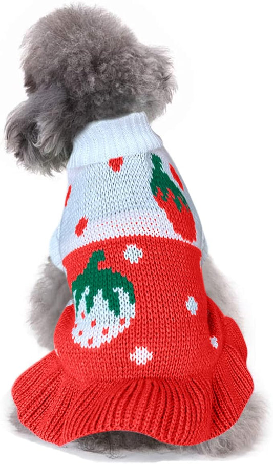 CHBORCHICEN Pet Dog Sweaters Classic Knitwear Turtleneck Winter Warm Puppy Clothing Cute Strawberry and Heart Doggie Sweater (XXS, Dress-Red1)