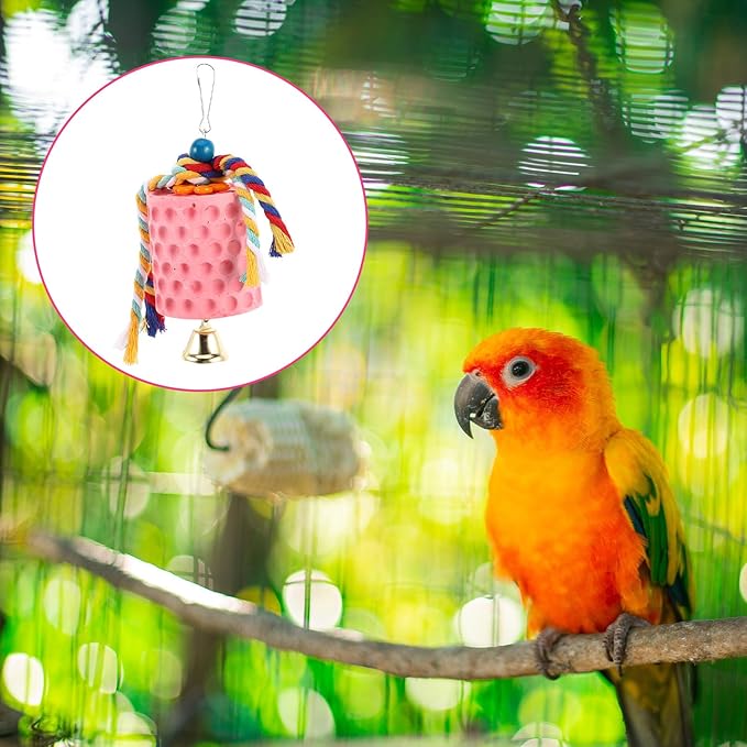 Bird Beak Grinding Stone with Bell for Parrots and Parakeets Natural Mineral Block Chew for Bird Beak Health Mental Stimulation and Cage Hanging Fun