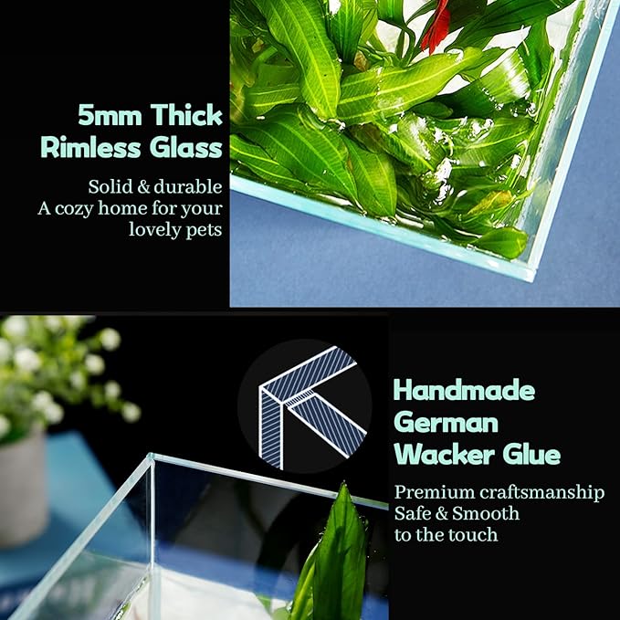 LAQUAL 10 Gallon Ultra Clear Glass Fish Tank, Rimless Low Iron Aquarium for Betta/Nano/Goldfish/Snail/Shrimp, Big Fish Tank & Cover Set & Feeding Ring & Cleaning Tools