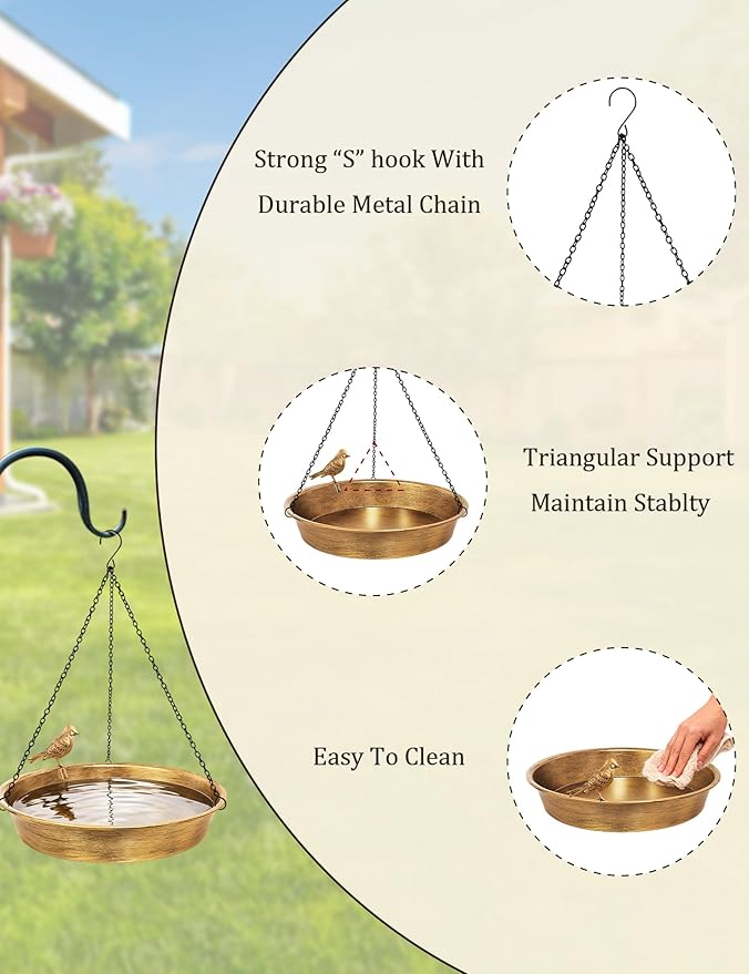 Hanging Bird Bath for Outdoor, Antique Bronze Metal Birdbath Bird Feeder Garden Decor Yard Art (11.5" Dia)