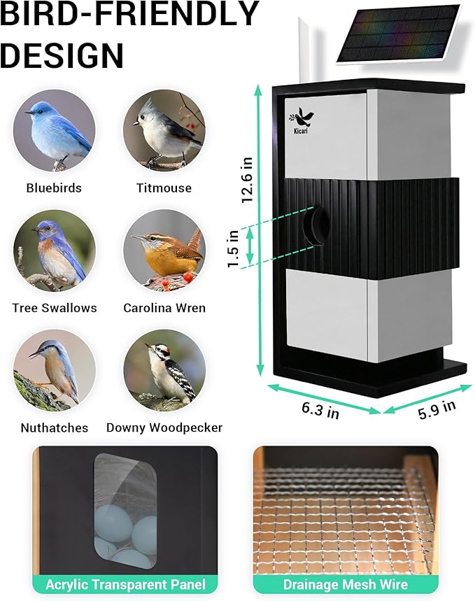 Bird House with Camera 2K HD, Solar & Battery Powered, Dual Night Vision, PIR Motion Sensor, Two-Way Audio, WiFi App Control, Weatherproof Wooden Smart Bluebird Nest Box for Outdoor Use, Gray