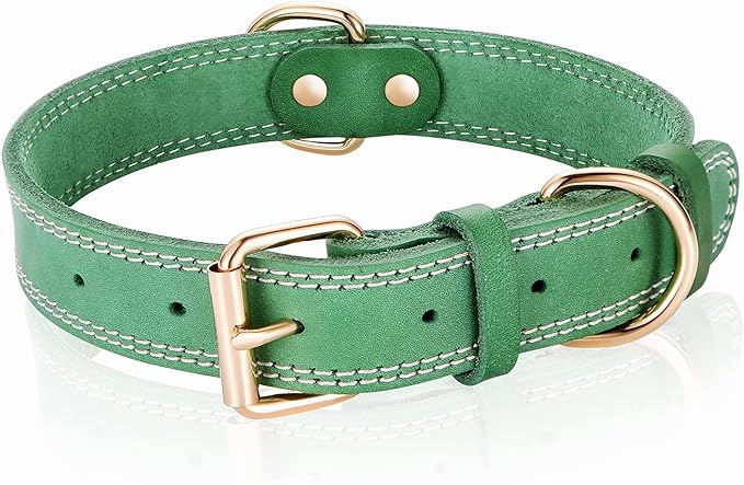 Dog Collar, Genuine Leather Heavy Duty Dog Collar for Small, Medium, Large and Extra Large Dog (M: 1" Wide for 15.2"-19.2" Neck, Dual Stitch - Green)