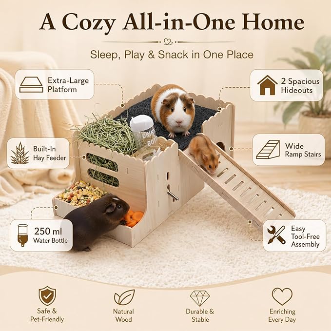 Large Guinea Pig Hideout, Hamster Hideout, with ramp, Easy to Assemble, Sturdy Wooden Small Animal Bed Platform, with Water Bottle, Granary, Used for Small Animal House Habitat or Hamster Hideout