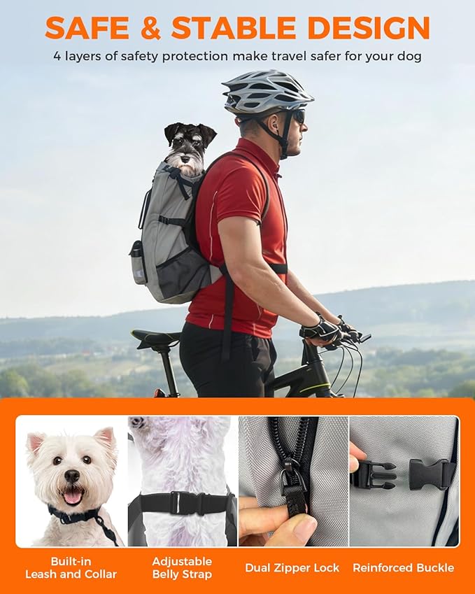 Dog Backpack Carrier for Small Dogs - 4-Layer Protection, Under 24 lb, Waterproof, Adjustable Dog Hiking Backpack with Storage Pockets, Reflective Strips, Non-Slip Handle for Travel - Grey