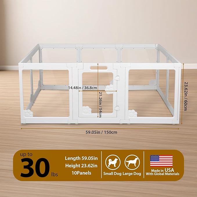 Clear Acrylic Dog Playpen Indoor with Door - Easy to Assemble Foldable Pet Playpen for Small Dogs, Cats, Rabbits, Ferrets - Small Animal Whelping Crate Kennel Fence