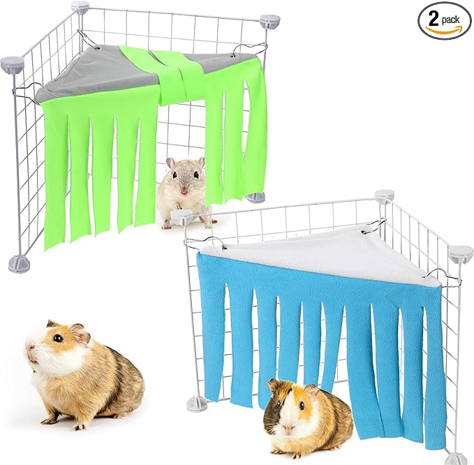Shappy 2 Pcs Guinea Pig Hideout Hideaway Corner Fleece Toys Cage Accessories Cute Ferret Hammock for Ferrets Chinchillas Hedgehogs Small Pets(Grey with Blue, Grey with Green, Patternless)