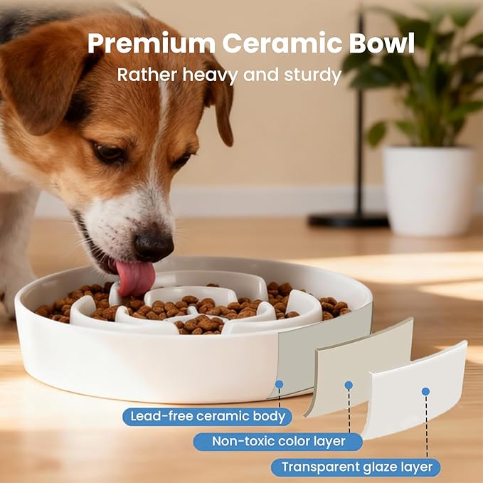 Ceramic Slow Feeder Dog Bowls,2.0 Cups Slow Feeder for Medium Breed,Puzzle Dog Food Bowl to Slow Down Eating, Anti-Gulping, Stop Bloat,Preventing Choking,8in,White