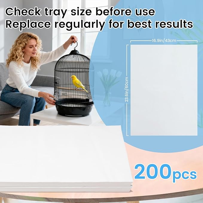 23.6x16.9in Bird Cage Liners - 200 Sheets Pre-cut Disposable Cage Tray Liners, High Absorbent Non-Woven Pads for Parrots, Cockatiels and Small Animals