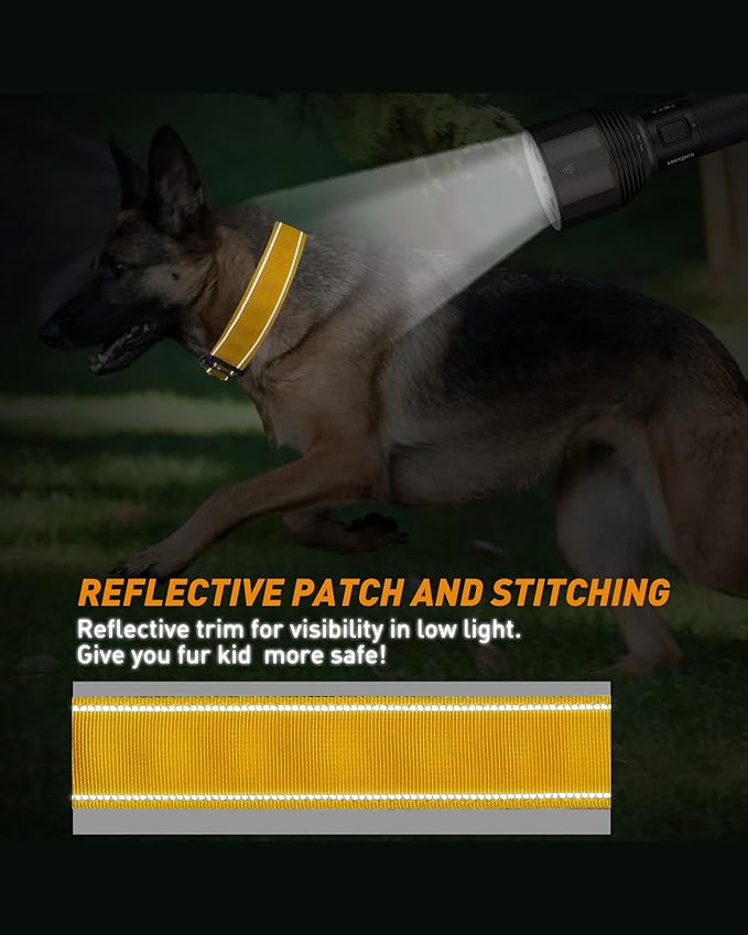 AUBELL Reflective Tactical Dog Collar,Adjustable Military Heavy Duty K9 Collars with Handle and Quick Release Metal Buckle Great for Large Dogs, with Airtag Case and 2 Patches (Yellow,L)