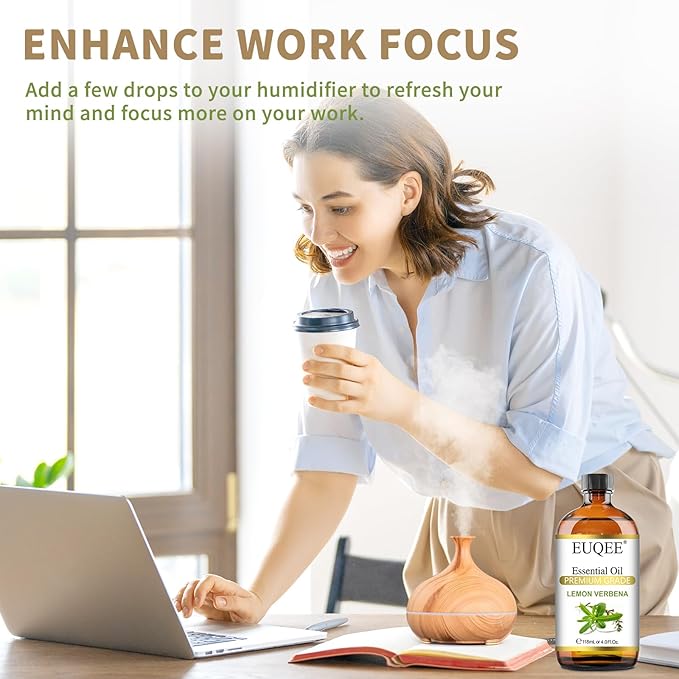 EUQEE Lemon Verbena Essential Oil 118ml - Pure & Natural Citrus Scent Oil for Diffuser, Skincare, Morning Rituals & Aromatherapy, Large Bottle with Dropper