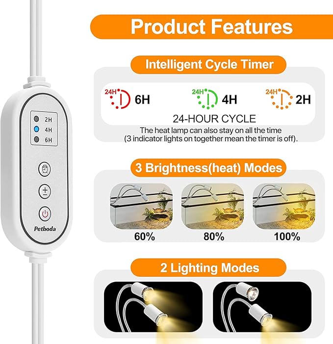 Reptile Heat Lamp, Dual Head Reptile Light with Cycle Timer, Dimmable UVA/UVB Basking Light for Turtle Tortoise Lizard Snake Bearded Dragon and More, 4 Bulbs (2PCS 25W + 2PCS 50W) Included